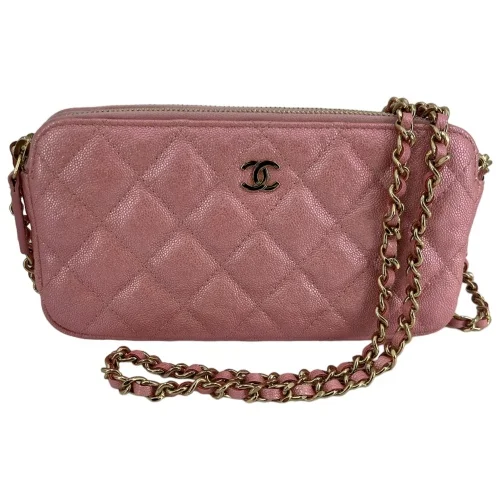 Chanel Double Zip Wallet on Chain WOC Iridescent Calfskin Pink GHW