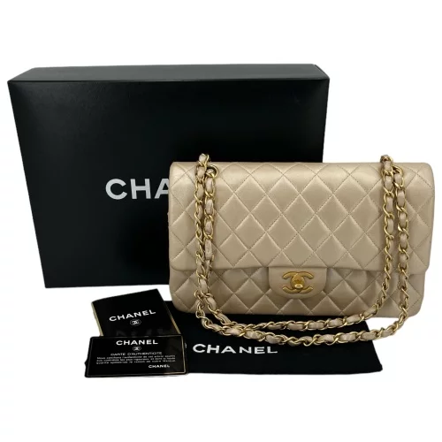 Chanel Timeless Double Flap Bag Medium Lammleder Champagne Gold I Love Handbags