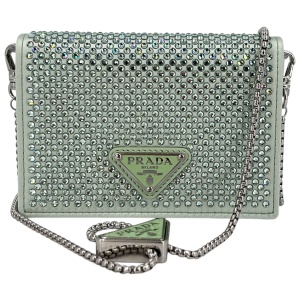 Prada Card Holder with Shoulder Strap and Crystals Acqua