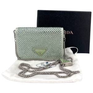 Prada Card Holder with Shoulder Strap and Crystals Acqua
